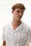 Men's Ecru Regular Fit Resort Collar Striped Short Sleeve Shirt - 3