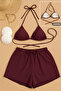 Women's 3-Piece Set: Burgundy Shorts and Side-Tie Bikini Swimsuit Set - 2
