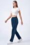 Women's Blue Combed Cotton Ribbed Pocket Zipper Flat Leg Sweatpants - 5