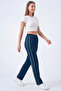Women's Blue Combed Cotton Ribbed Pocket Zipper Flat Leg Sweatpants - 4