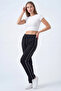 Women's Black Combed Cotton Ribbed Pocket Zipper Flat Leg Sweatpants - 2