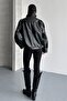 Women's Black Oversize Leather Jacket Stand Collar Biker Model Faux Leather Bomber Jacket Asymmetrical Zipper - 8