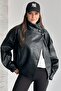 Women's Black Oversize Leather Jacket Stand Collar Biker Model Faux Leather Bomber Jacket Asymmetrical Zipper - 5