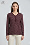 Women's Burgundy Plus Size Star Patterned V-Neck Buttoned Lycra Mother Combed Cotton Blouse