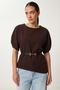 Belted Asymmetrical Woven Blouse Lzh0025 Brown - 2