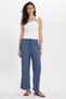 Women's Regular Fit Classic Cut Cotton Blue Trousers with Lace-Up Waist and Patterned Double Pockets - 3