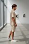Men's Beige Wrinkled Apaj Collar T-Shirt Shorts Set - 3