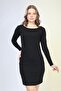 Women's Black Glitter Long Sleeve Evening Dress - 5