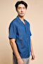 Washed Denim Shirt with Revere Collar and Short Sleeves - 3