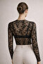 Women's Slim Fit Transparent Lace Patterned Tulle Blouse Black - 3