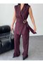 Women's Blazer Vest and Pantalon Set with a Wide Fabric Belt Tied at the Waist