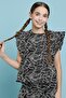 Patterned Top with Crew Neck and Flutter Sleeves