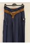 Italian Navy Blue Elastic Waist Double Side Pockets Belted Pleated Tencel Skirt Size 38 - 44 - 2