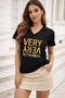 Women's Black 100% Cotton Sequined Printed V-Neck Short Sleeve T-Shirt - 2