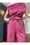 Burgundy Buckle Detailed Satin Suit with Elastic Waistband - 7
