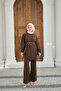 Women's Gold Snap Fastener Belted Trouser Suit Brown - 2