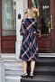 Women's Patterned Tulle V-Neck Capri Sleeve Gathered Waist Below Knee Lycra Lined Dress - Mustard Pattern - 4