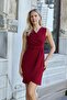 Double-Breasted Wrap Front Gathered Shawl Collar Sleeveless Lycra Crepe Fabric Dress-Burgundy - 4