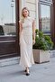 Women's Patterned Tulle High Neck Off-Shoulder Lycra Body Blouse-Beige
