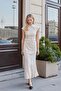 Women's Patterned Tulle High Neck Off-Shoulder Lycra Body Blouse-Beige - 2