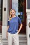 Women's Lycra Silky Textured Modal Combed Cotton Wide Zero Neckline Low Shoulder Short Sleeve Blouse-Indigo - 7