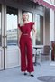 Lycra Thick Crepe Fabric Stylish Office Evening Dress Jumpsuit with Ruffled Sleeves and Accessories - Burgundy - 6