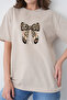 Women's Leopard Bow Feather Printed Crew Neck Beige Combed Cotton T-Shirt - 2