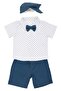 Baby Boy White Blue Patterned Shirt, Hat, Bow Tie and Shorts Set - 2