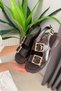 Women's Miko Brown Patent Leather Sandals with Three Buckle Details