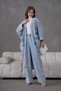 Women's Front Sequin Embroidered Stone and Pearl Embellished Denim Kimono Cardigan and Denim Trousers Top and Bottom Set - 3