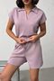 Women's Lilac Polo Collar Elastic Waist Top and Shorts Set Nj141