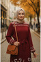 Patterned Belted Viscose Hijab Dress with Elastic Sleeves 2207-02 Claret Red - 4