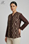 Women's Brown Plus Size Stripe Patterned V-Neck Glittery Stoned Lycra Mother Combed Cotton Blouse - 2