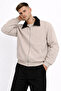Men's Beige Gabardine Jacket Oversized with Elastic Waist and Black Collar Detail - 4