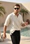Men's Oversize Three Quarter Sleeve Jacquard Ecru Polo Collar T-Shirt Ls-19203 - 4