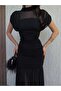 Black Tulle Detailed Draped Dress - Long Evening Dress with Fish Cut Chiffon Skirt - 7