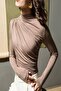 High Collar Draped Long Sleeve Blouse - 3
