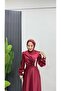 Draped Front Hijab Evening Dress with Stone Detail - 6