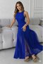 New Season Women's Strappy Crew Neck Hem Tulle Detail Asymmetrical Flared Long Imported Crepe Event Dress