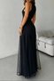 New Season Women's Strappy Crew Neck Hem Tulle Detail Asymmetrical Flared Long Imported Crepe Event Dress - 6