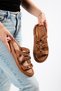 Elowen Women's Genuine Leather Thin Sole Tan Slippers with Buckle Detail