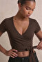 Double-Breasted Collar Tie Crop Blouse Short Sleeve Cotton Stretch Fabric Stylish Top