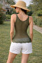 Women's Front and Back V-Neck Strappy Mesh Knit Lightly Textured Transparent Look Stylish Khaki Top - 3