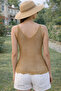Women's Front and Back V-Neck Strappy Mesh Knit Lightly Textured Transparent Look Stylish Camel Top - 3