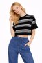 Striped Crew Neck Crop Women's Knitwear T-Shirt (Black and White) - 5