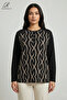 Women's Stripe Patterned Printed Lycra Blouse with Stones on the Shoulders, Slits and Buttons, Combed Cotton Mother's Blouse