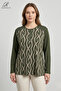 Women's Stripe Patterned Printed Lycra Blouse with Stones on the Shoulders, Slits and Buttons, Combed Cotton Mother's Blouse