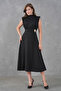Black Crepe Fabric High Collar Stylish Design Waist Accessory and Padding Design Midi Dress 77150