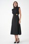 Women's Black Waist Accessory and Padding Detailed A-Line Stylish and Elegant Design Midi Evening Dress 77150