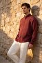 Scott – Soft Textured Half Oversize Modern Linen Look Men's Shirt - Burgundy - 4